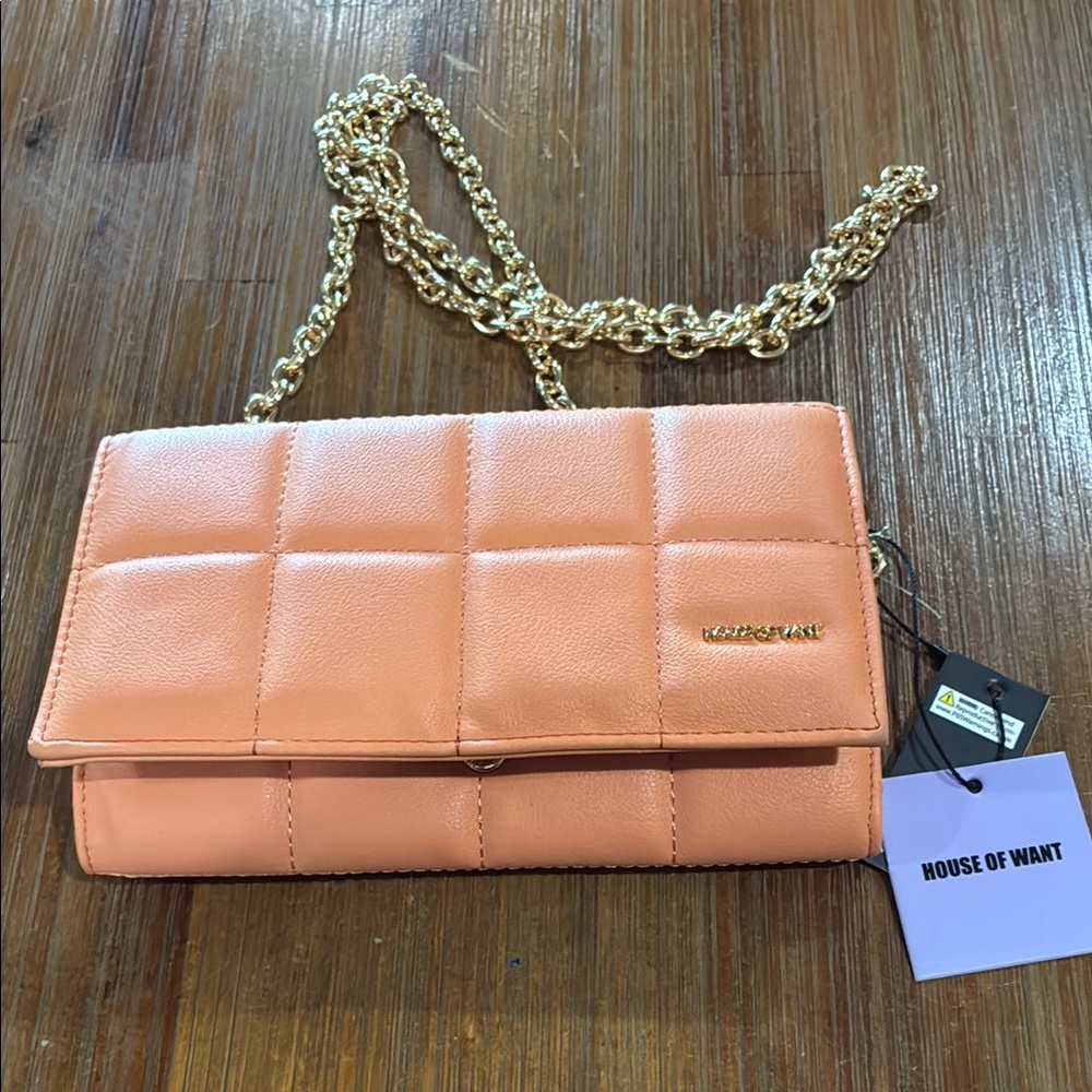 Orange Quilted Crossbody Bag with Gold Chain